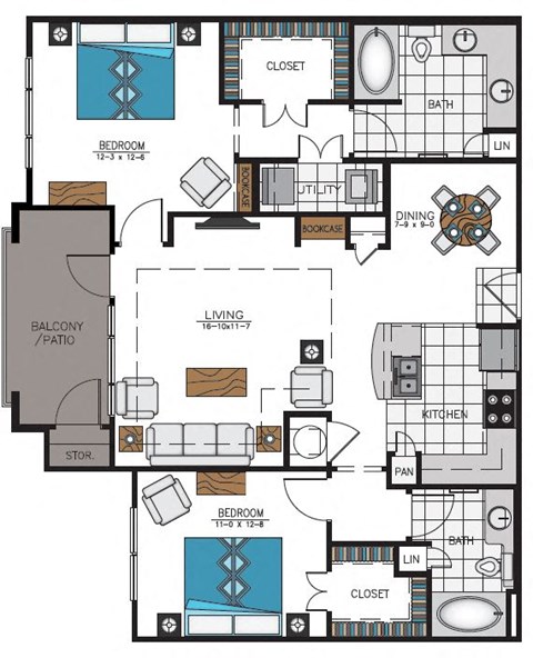 Floor plan for 2 beds, 2 baths, 1200 sqft